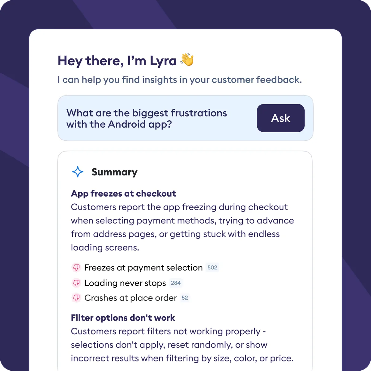 Chattermill workspace UI showing AI summarizing customer feedback on Android app issues in a clean, modern interface.