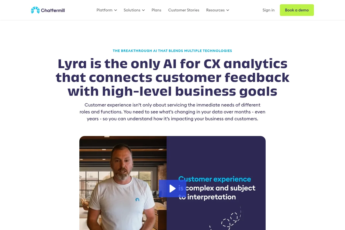 Chattermill Lyra AI feature page showing product explanation video with a clean, modern design and a prominent play button.