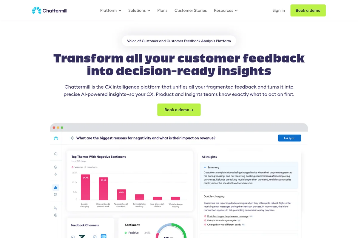 Chattermill dashboard showing customer feedback analysis with sentiment charts and AI insights on a clean white interface.