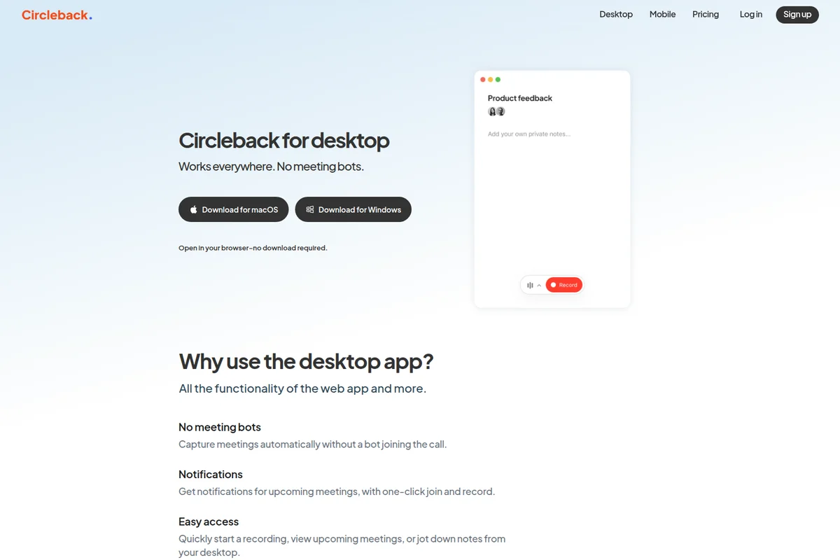 Circleback desktop app landing page showcasing the product interface for private notes and meeting recording with a clean, minimalist design.