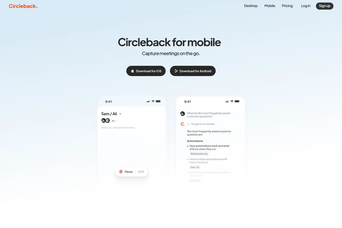 Circleback mobile workspace showing live meeting recording and AI-generated summary with a clean, modern interface.