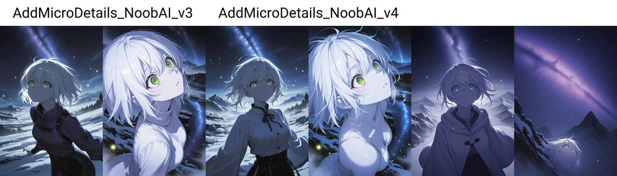 Civitai AI art output comparing 'AddMicroDetails_NoobAI' v3 and v4 models, featuring anime characters in snowy night scenes.