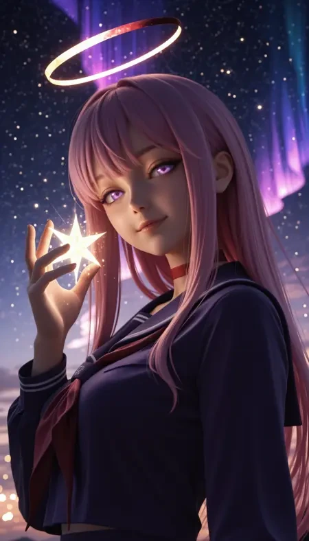 Civitai AI-generated art showcasing a fantasy character with glowing star and halo against a starry night sky.
