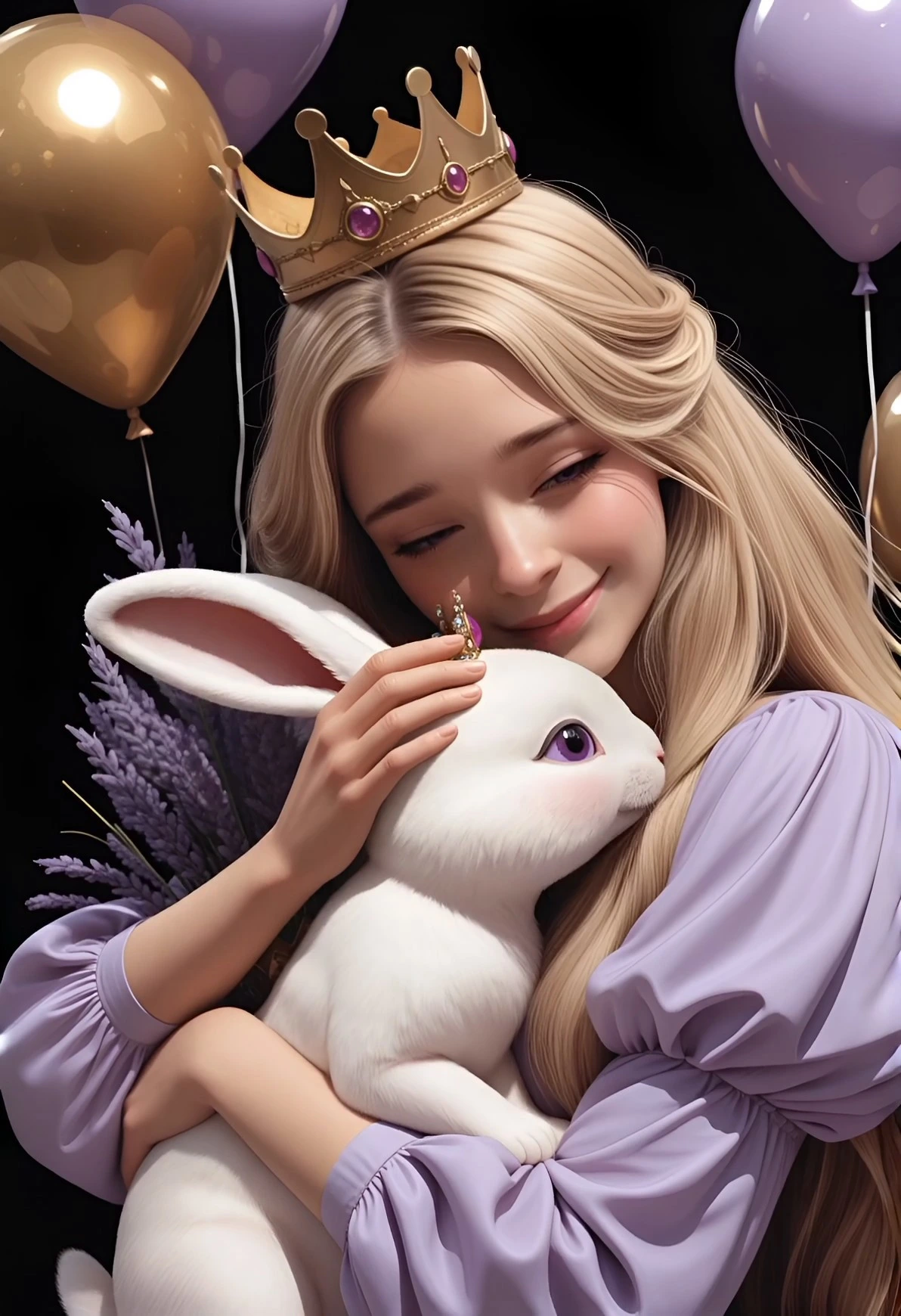 Civitai output sample: A fairytale-style image of a blonde girl with a crown embracing a white rabbit, surrounded by lavender and balloons.