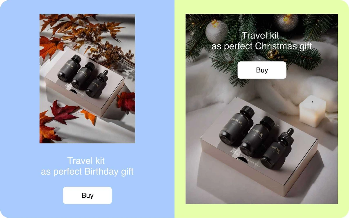 claid-ai output sample showing a travel kit with distinct autumn and Christmas gift styling.