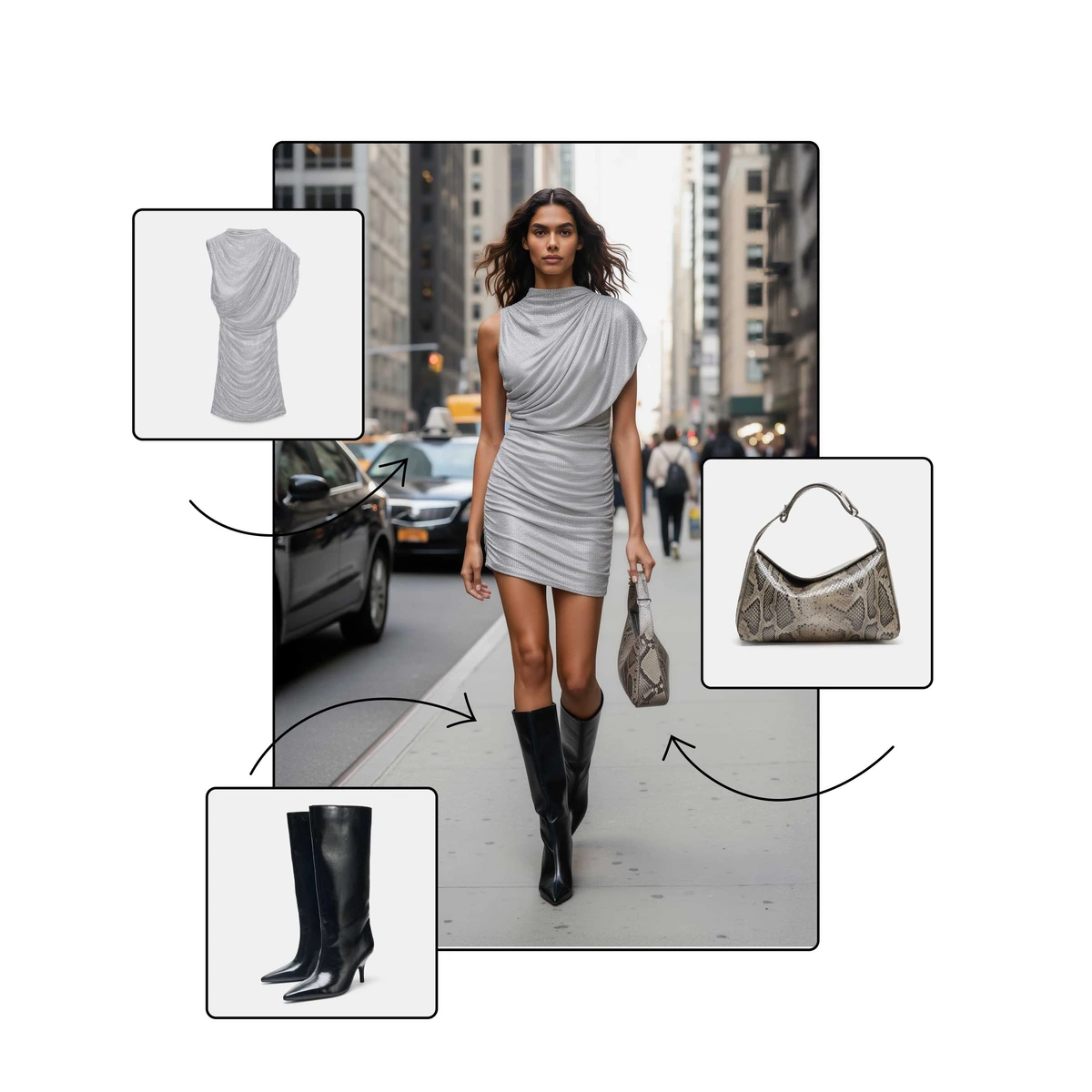Claid-AI output showing a model wearing a silver dress, snakeskin bag, and black boots, linked to individual product cutouts for e-commerce visual creation.