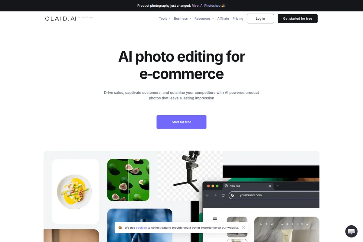 Claid.ai homepage showcasing AI product photo editing for e-commerce with diverse visual examples.