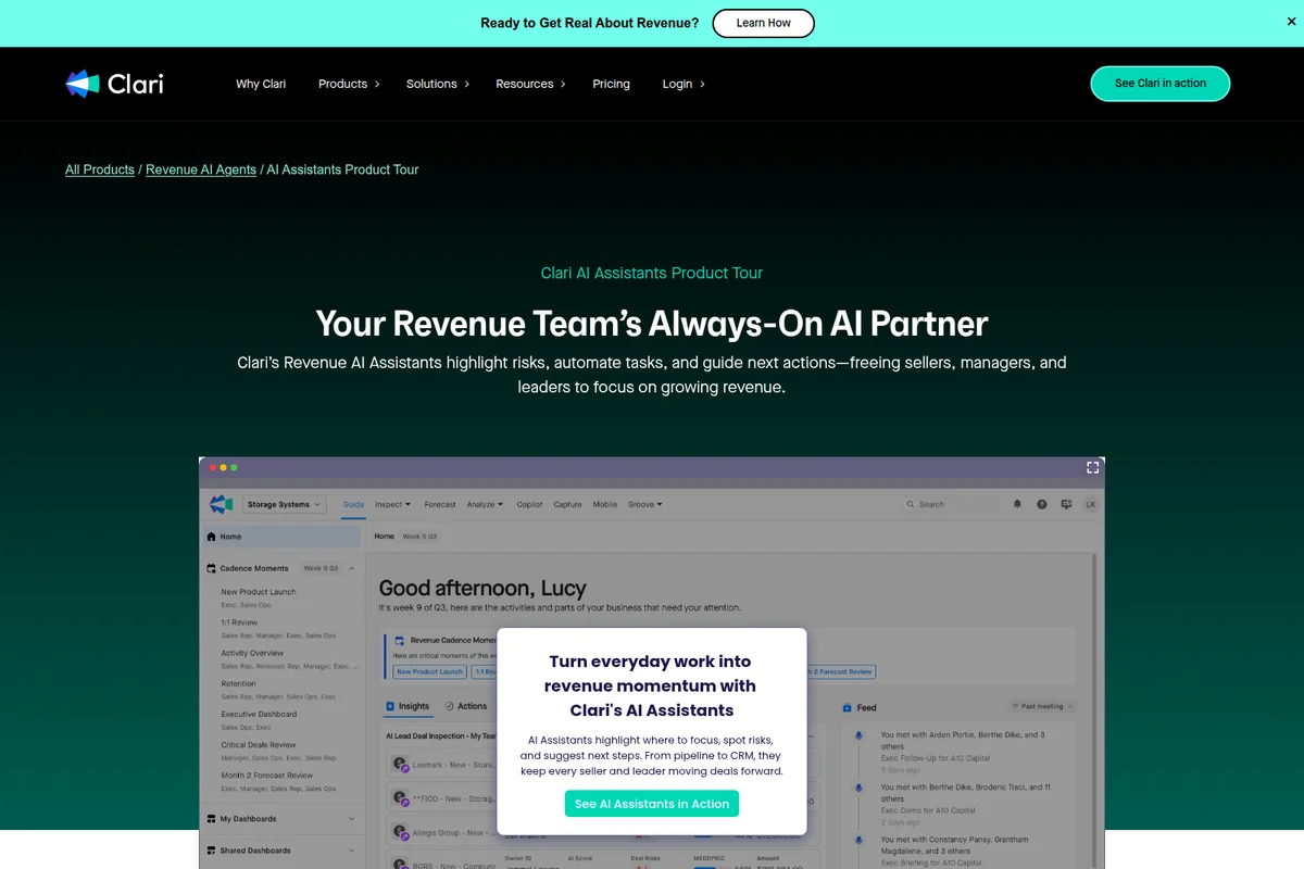 Clari AI Assistants dashboard showing 'Revenue Cadence Moments' and an overlayed feature modal with a dark-mode interface.