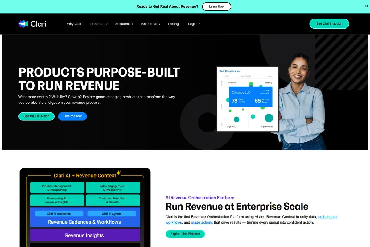 Clari Revenue Orchestration Platform showcasing AI-powered deal prioritization and workflow diagrams in a modern dark theme.