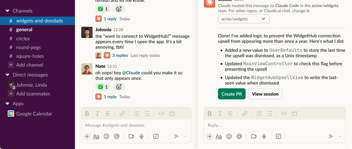Claude Code integrated chat workspace demonstrating an AI solution to a recurring UI prompt, with a modern light theme.