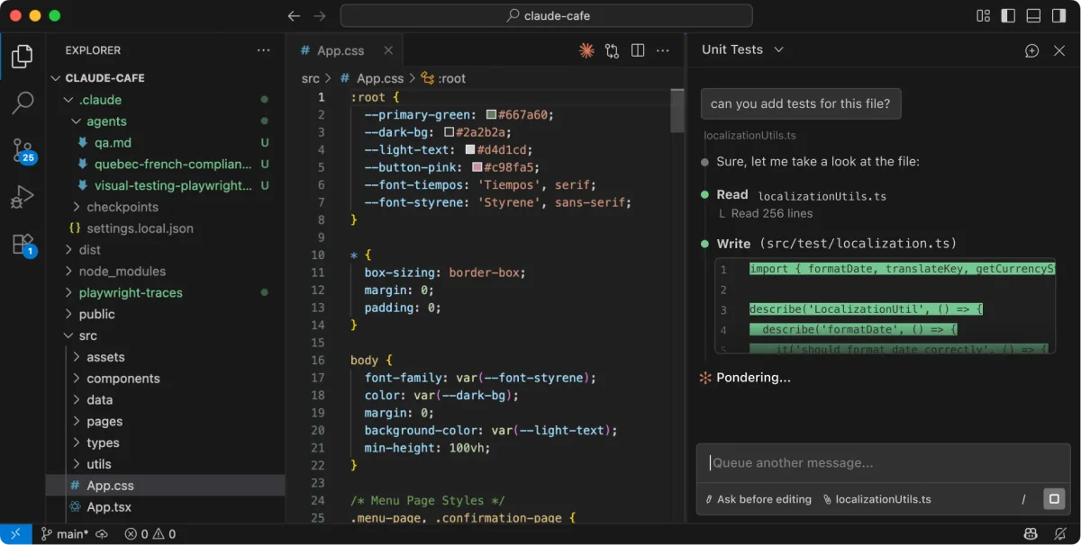 Claude-code workspace showing an AI assistant generating unit tests for localization utilities in a dark-mode IDE.