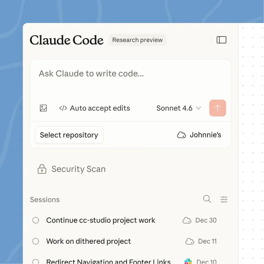 Claude Code workspace UI showing a prompt to write code, model selection, and a list of coding sessions in a clean light-themed interface.
