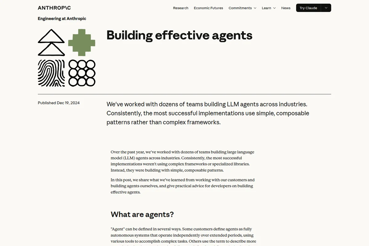 Anthropic blog post titled 'Building effective agents' with abstract geometric icons and clean layout.