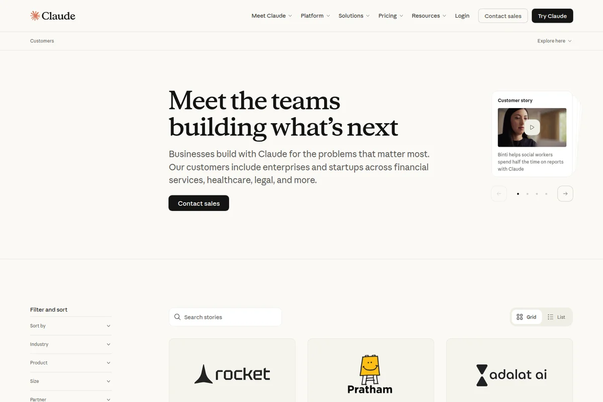 Claude customer stories page showcasing client success stories and a video testimonial with a clean, modern design.