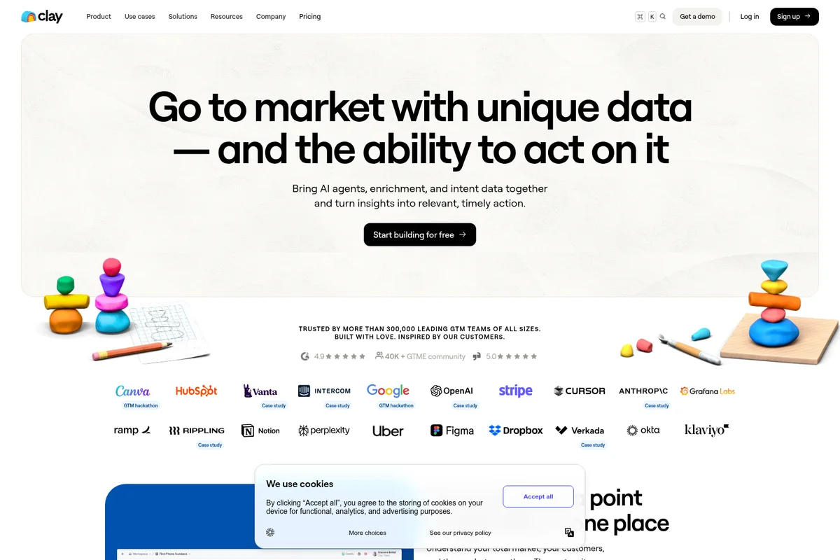 Clay homepage hero section stating 'Go to market with unique data' with a prominent cookie consent banner obstructing the lower part of the screen.
