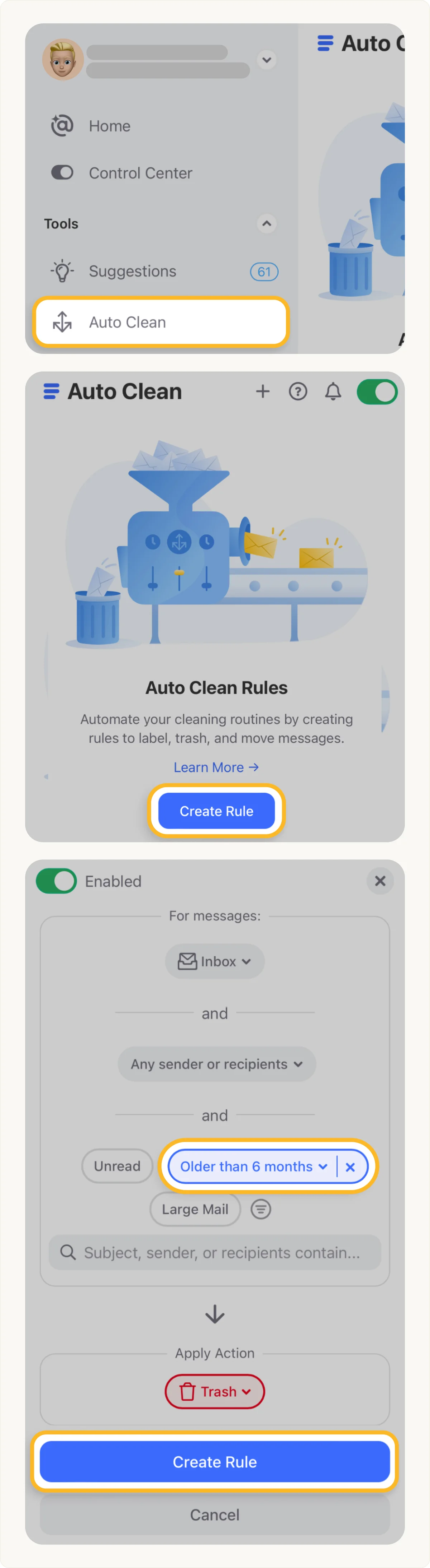 Clean Email workspace UI showing creation of an auto-clean rule to trash messages older than 6 months from the inbox, presented in a clean, multi-panel interface.