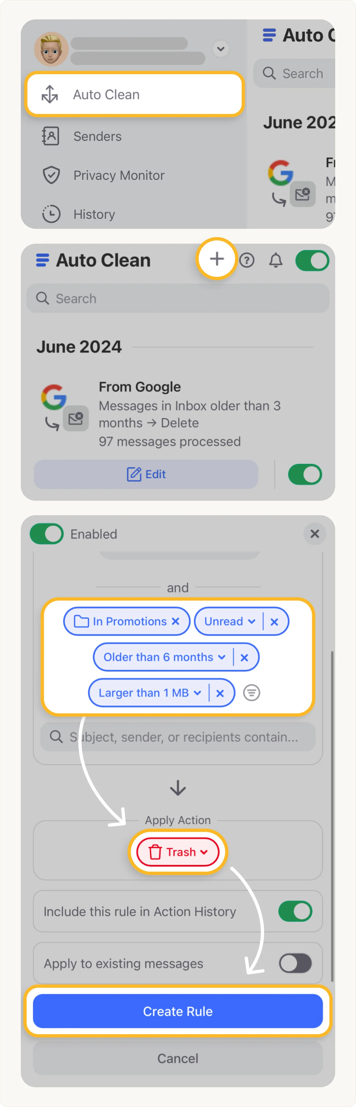 Clean Email App's Auto Clean rule creation showing conditions (Promotions, Unread, Older than 6 months, Larger than 1 MB) and 'Trash' action in a modern UI.