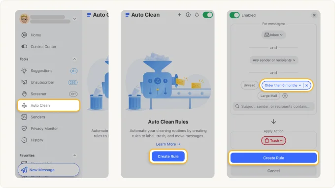 Clean Email Auto Clean feature setup demonstrating navigation, a feature overview, and rule creation with a clear, modern interface.