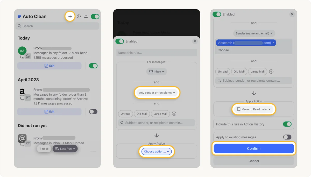 clean-email Auto Clean rule creation workflow showing setup for sender-based email automation with a clean, multi-panel light-themed interface.