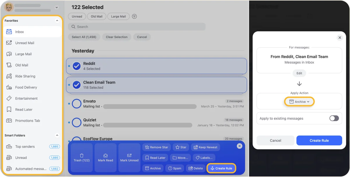 Clean Email management workspace showing the rule creation flow with selected senders and an archive action in a clean, modern interface.