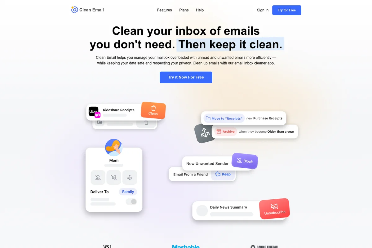 Clean Email UI showing interactive cards for cleaning, archiving, blocking, and unsubscribing from various email types.