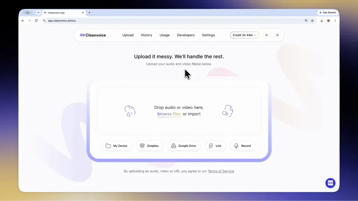 Cleanvoice AI workspace showing audio and video file upload options with a clean light interface.