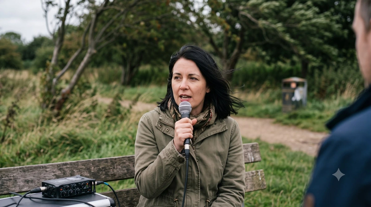 Cleanvoice AI contextual image showing a woman speaking into a microphone outdoors during an event.