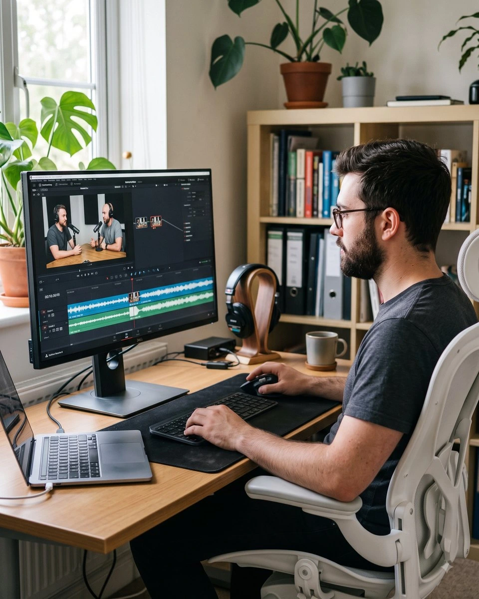 Cleanvoice AI workflow showing a man editing a podcast video on a monitor with visible audio waveforms and a modern interface.