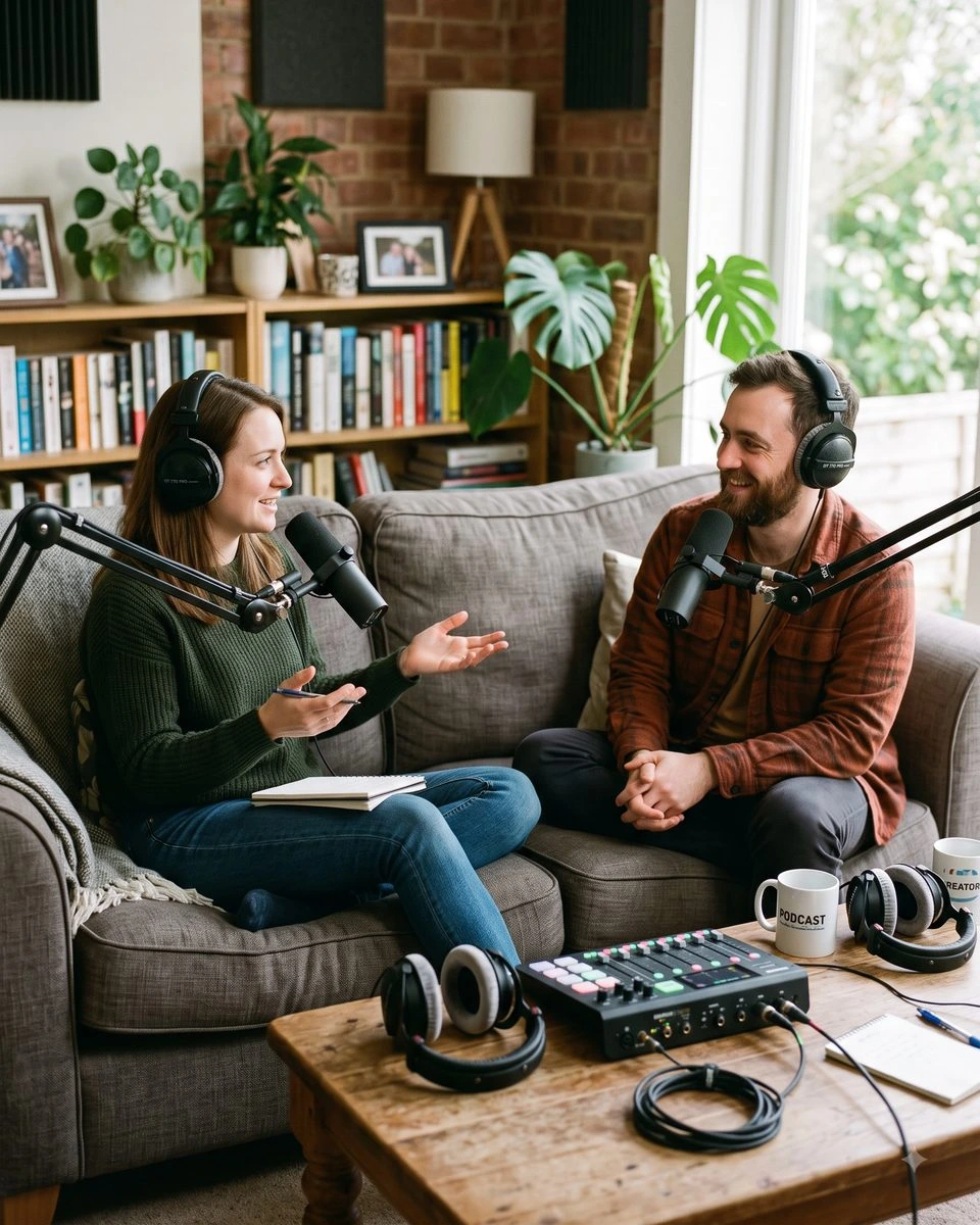 Cleanvoice AI podcast recording scene showing two podcasters speaking into microphones with a cozy and professional setup.