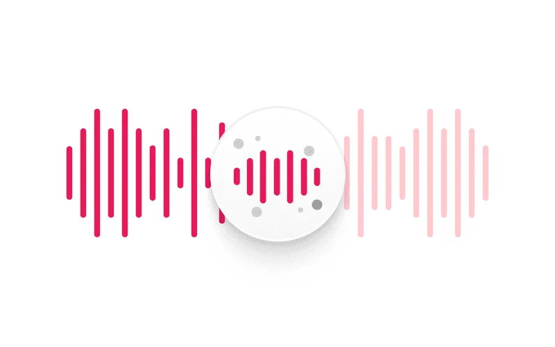 Cleanvoice AI conceptual graphic showing audio processing visualized with vibrant and faded pink sound waves around a central white circle.