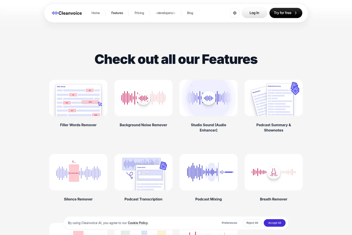 Cleanvoice AI features page showing eight audio processing capabilities with illustrative graphics and a clean user interface.