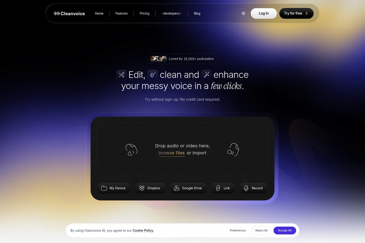 Cleanvoice AI workspace showing a dark-mode interface for uploading audio or video files for voice enhancement.