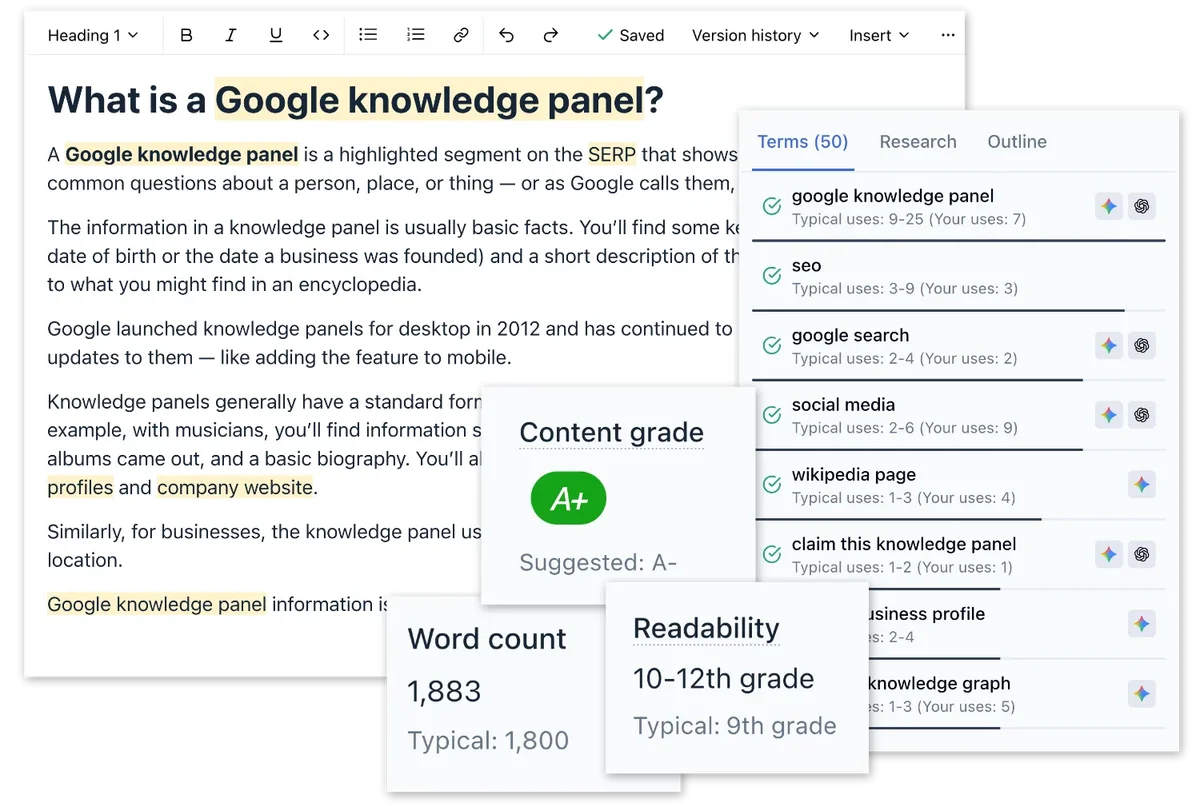 Clearscope content editor showing AI-powered content grading, keyword usage, word count, and readability analysis in a clean UI.