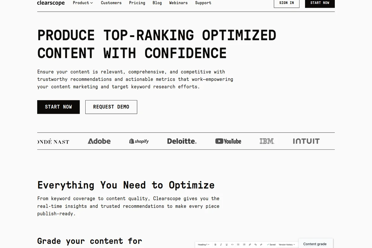 Clearscope landing page hero promoting content optimization with confidence using a clean, minimalist design.