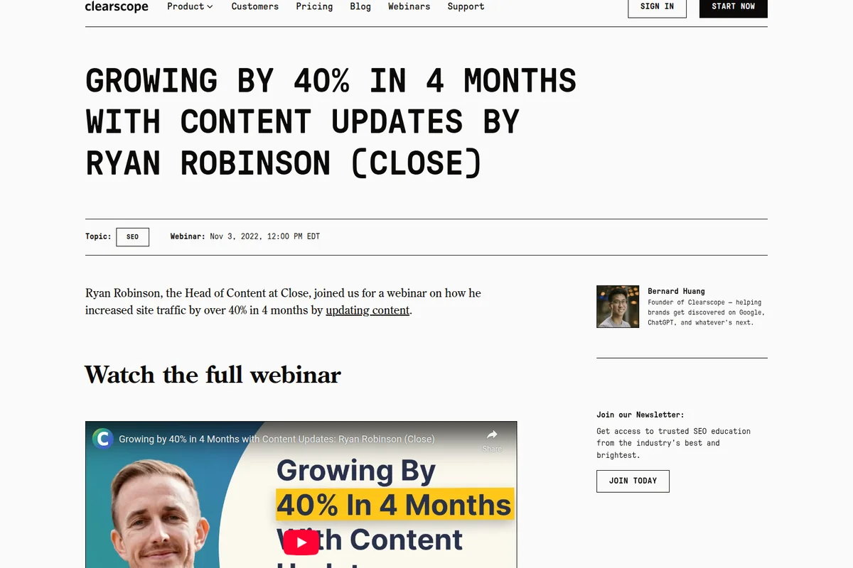 Clearscope webinar page featuring the title 'Growing by 40% in 4 Months with Content Updates by Ryan Robinson (Close)' and an embedded video thumbnail.