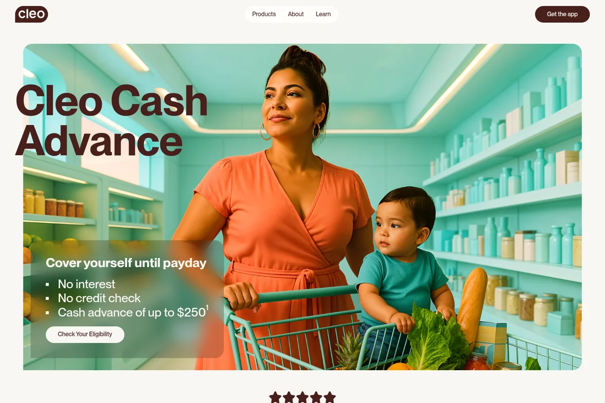 Cleo cash advance landing page featuring a mother and child in a modern grocery store, illustrating financial support for daily expenses.