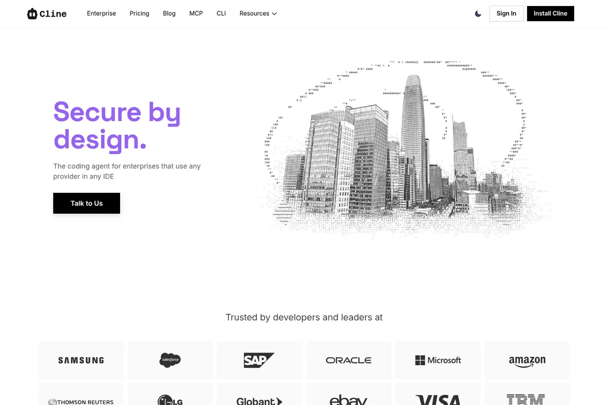 Cline landing page hero section showcasing its 'Secure by design' value proposition with a digital city skyline graphic composed of code.