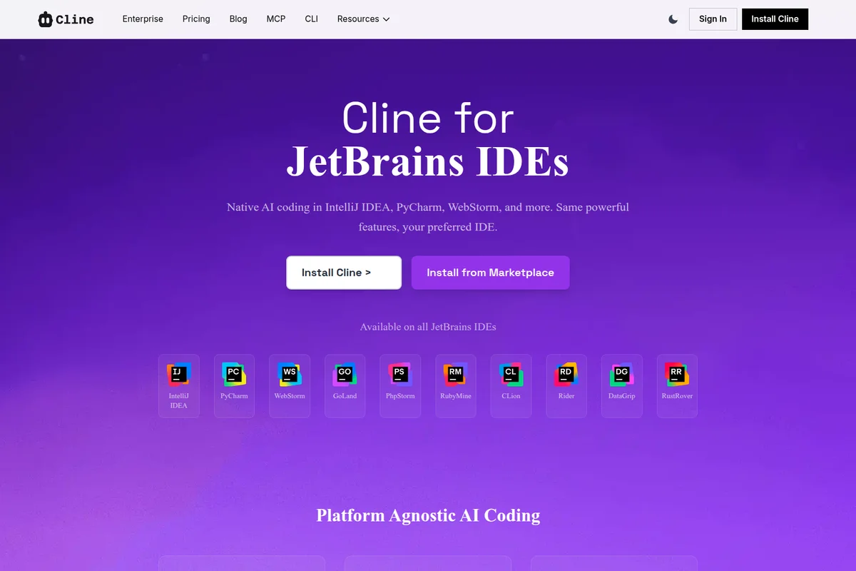 Cline landing page showcasing AI coding for JetBrains IDEs with a vibrant purple gradient interface.