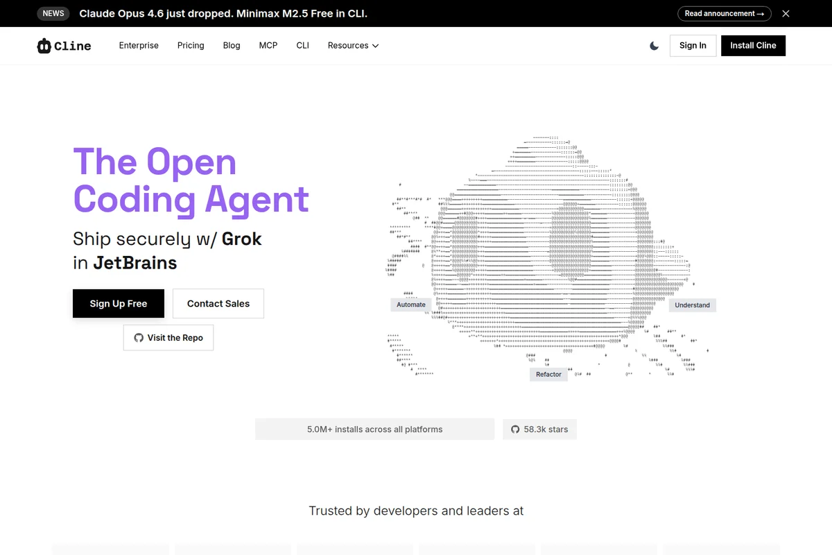 Cline landing page hero showing 'The Open Coding Agent' title with an ASCII art graphic representing a head and labeled actions 'Automate', 'Understand', 'Refactor' in a clean light theme.