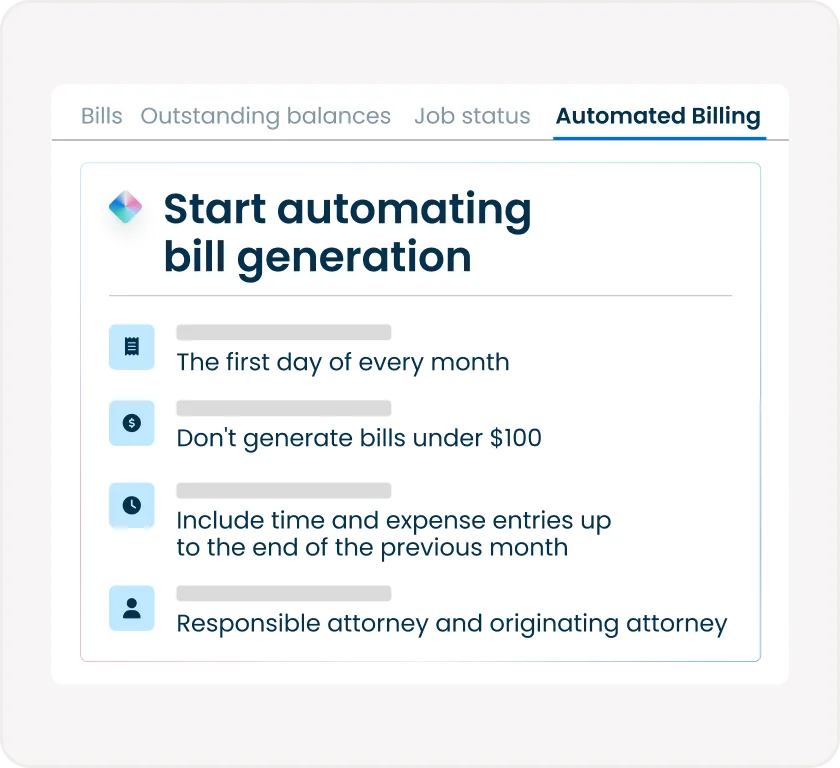 Clio Automated Billing feature showing options for bill generation automation with a clean, modern interface.