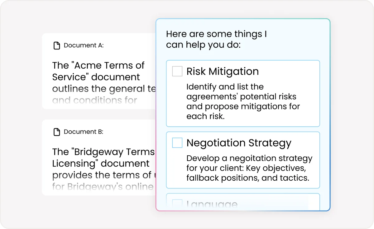 Clio document analysis workspace showing AI assistance options for risk mitigation and negotiation strategy with a clean, modern interface.