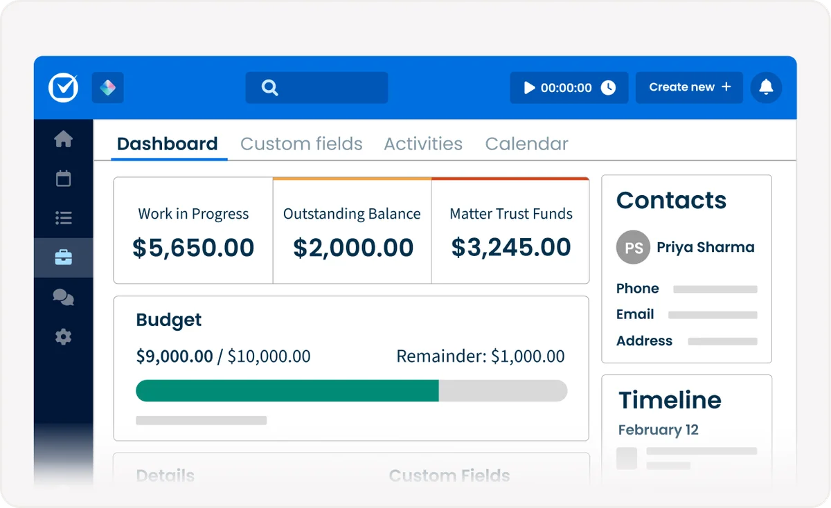 Clio legal practice management dashboard showing financial overview, budget, and client contacts in a clean, modern interface.