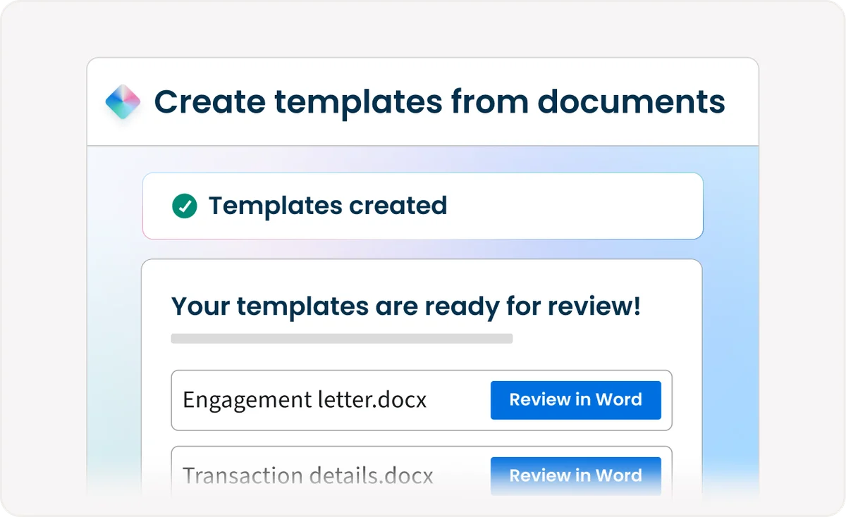 Clio template creation interface displaying 'Templates created' status and list of generated documents like 'Engagement letter.docx' for review, with a clean, modern UI.