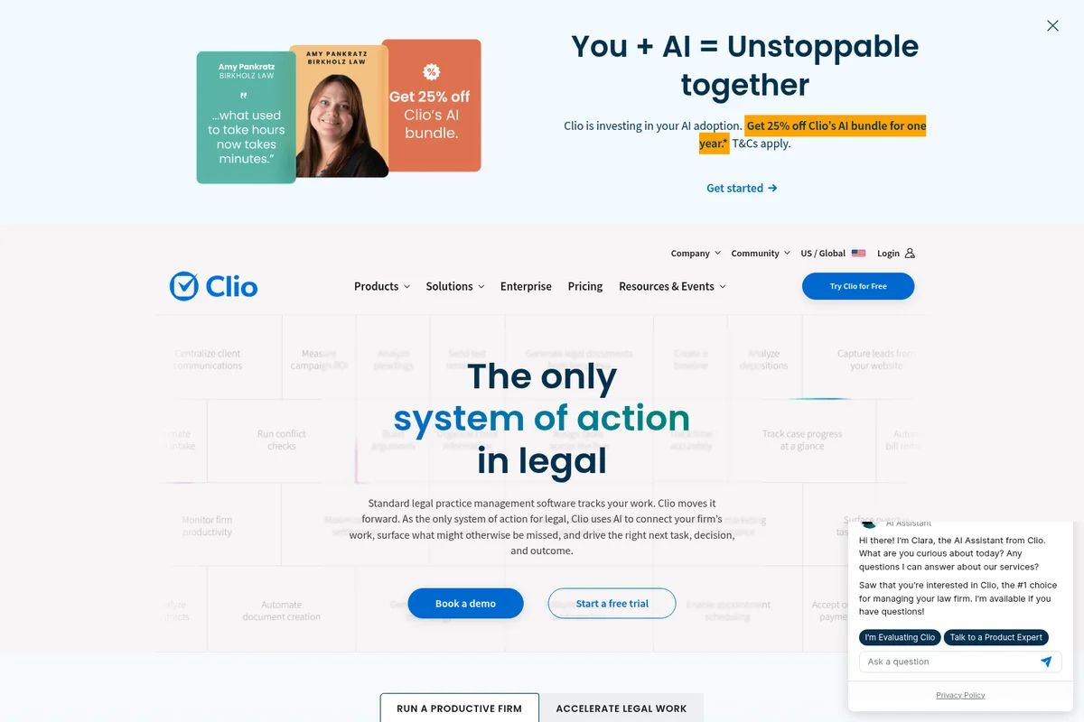Clio homepage showcasing its legal practice management system with an AI bundle offer and a clean, professional interface.