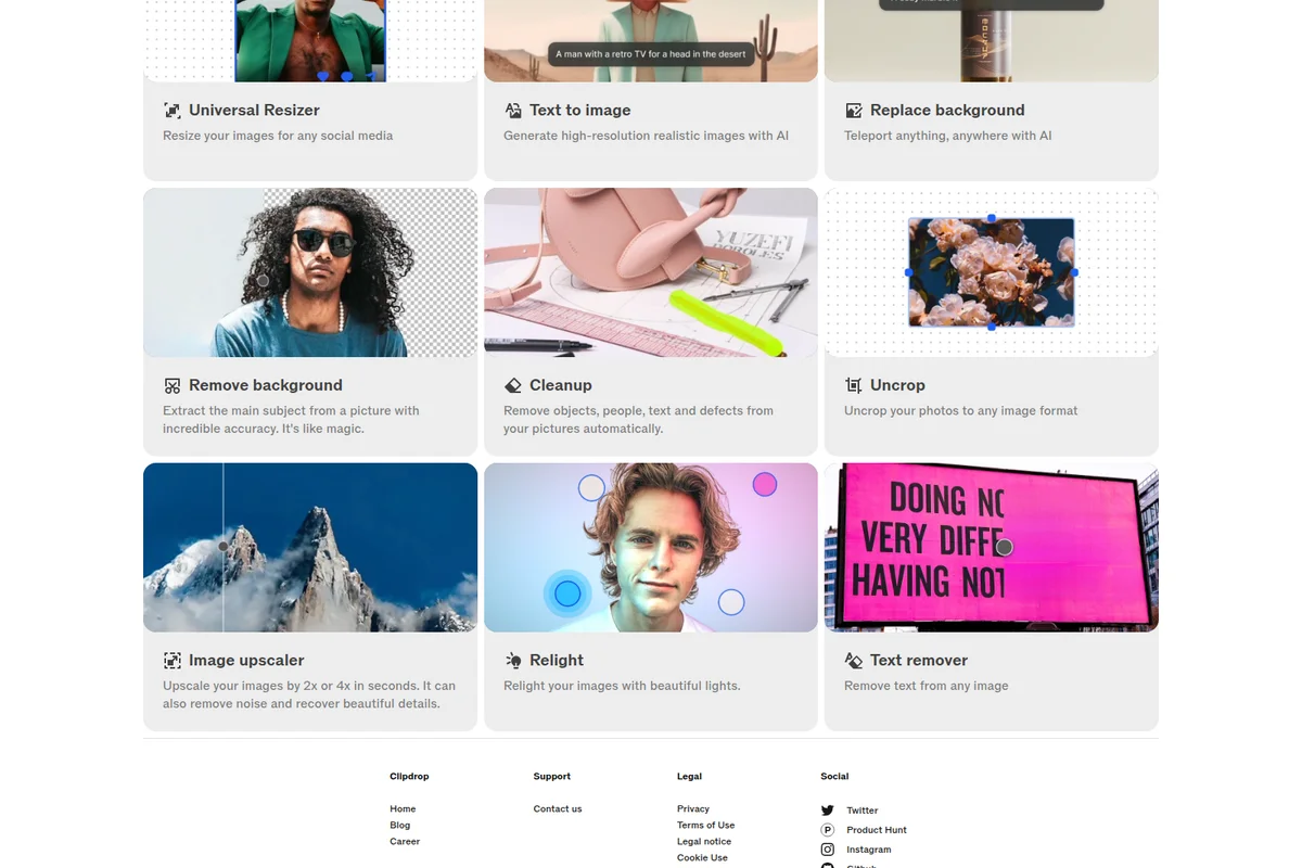Clipdrop features page showing a 3x3 grid of AI image editing tools including background removal, text-to-image generation, and image upscaling with visual examples.