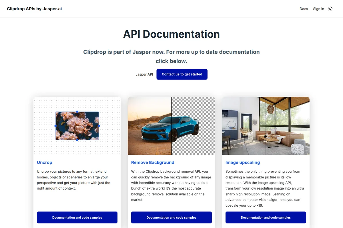 Clipdrop APIs documentation showcasing image uncropping, background removal, and image upscaling with a clean, modern interface.