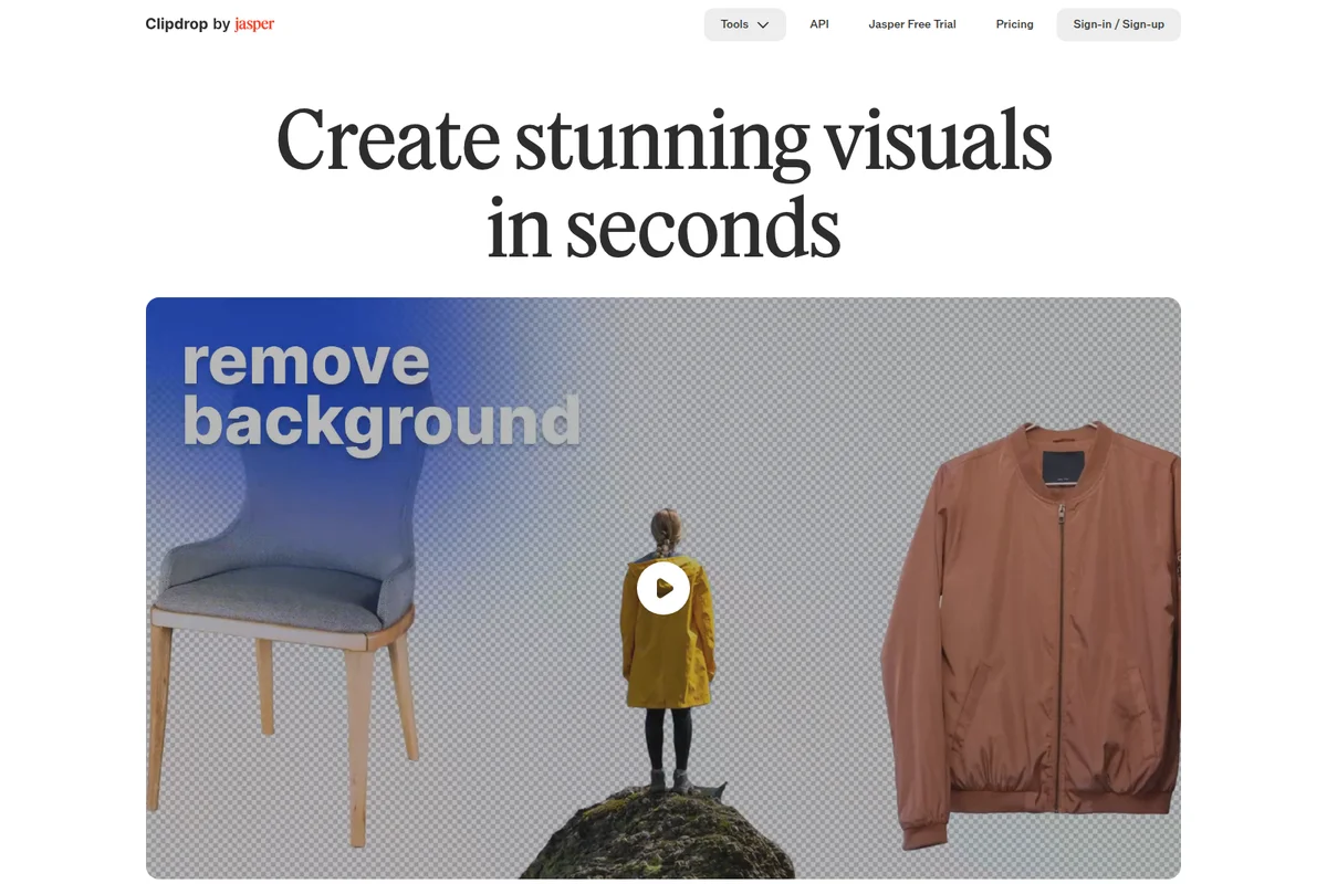 Clipdrop homepage hero section demonstrating background removal feature with a chair, person, and jacket on a transparent checkerboard grid.