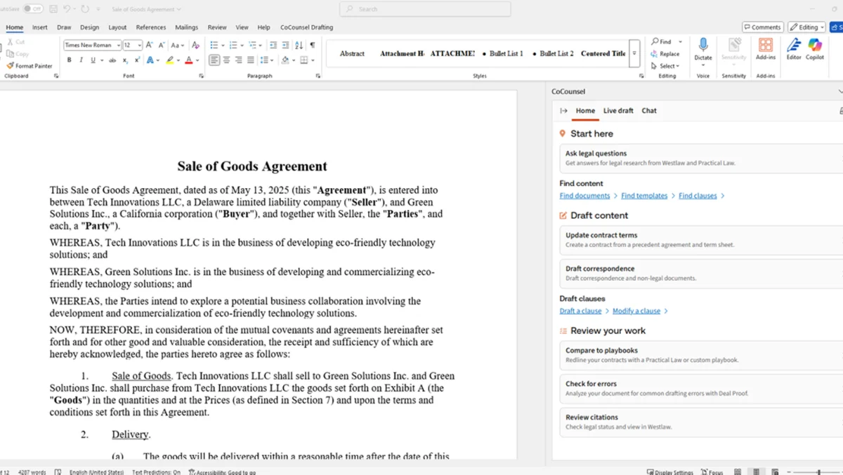 CoCounsel legal drafting workspace showing AI assistance for legal research, drafting, and review, integrated into Microsoft Word with a clean sidebar.