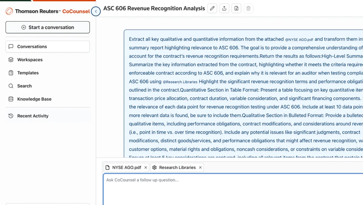 Thomson Reuters CoCounsel workspace showing an AI prompt for ASC 606 revenue recognition analysis with a professional, clean interface.