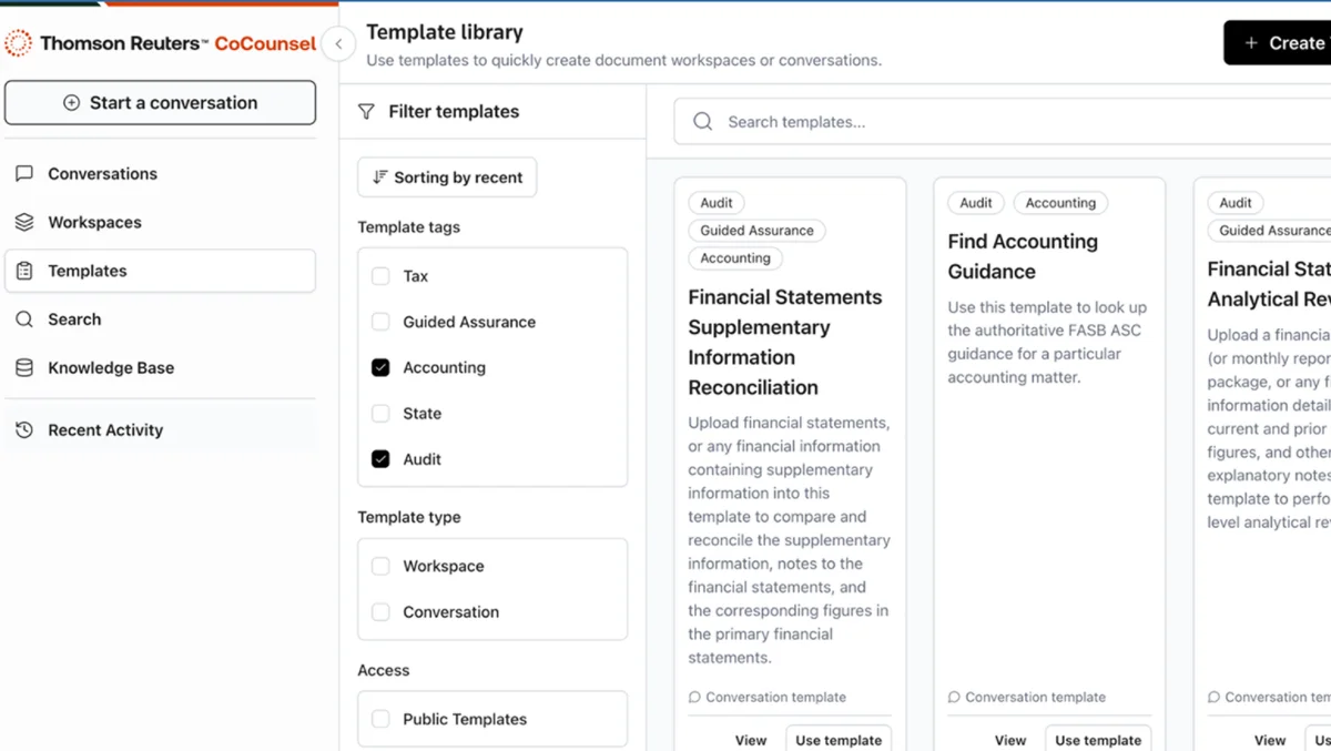 Thomson Reuters CoCounsel Template library showing filtered templates for Accounting and Audit with a clean, modern interface.